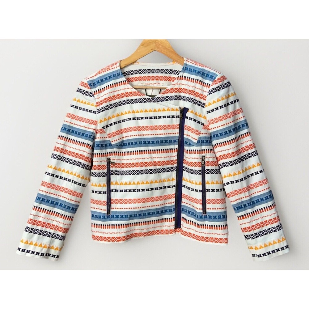 Women's Trina Turk Berber Striped Blazer Jacket Asymmetrical Sz 4 Zip Pockets EC